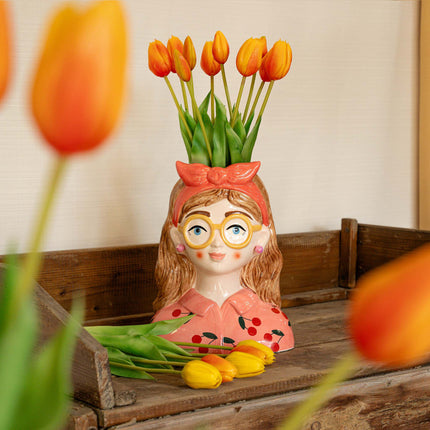 Vase Jessie Bow + 10X Real Touch Tulip Orange