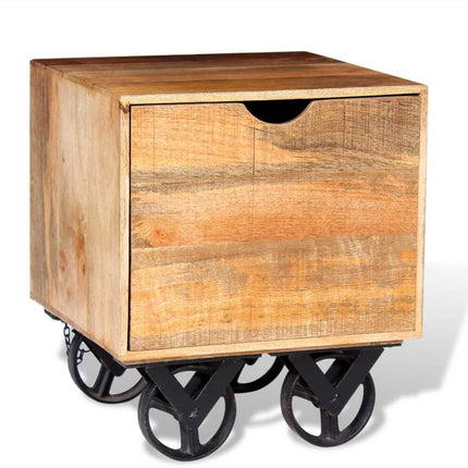 Table D'appoint Tiroir Et Roues Bois De Manguier 40X40X45 Cm