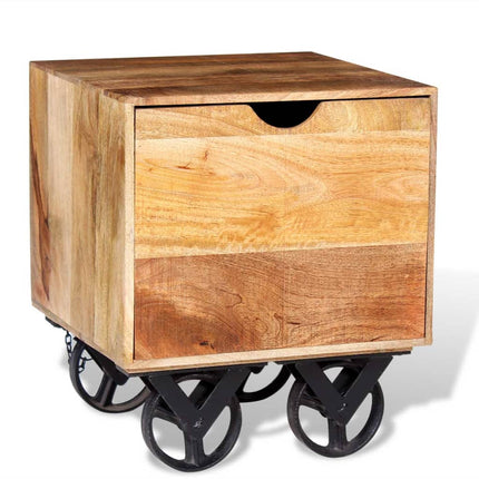 Table D'appoint Tiroir Et Roues Bois De Manguier 40X40X45 Cm