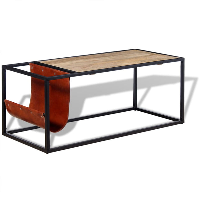 Table Basse Avec Porte-Revues Cuir Véritable 110X50X45 Cm