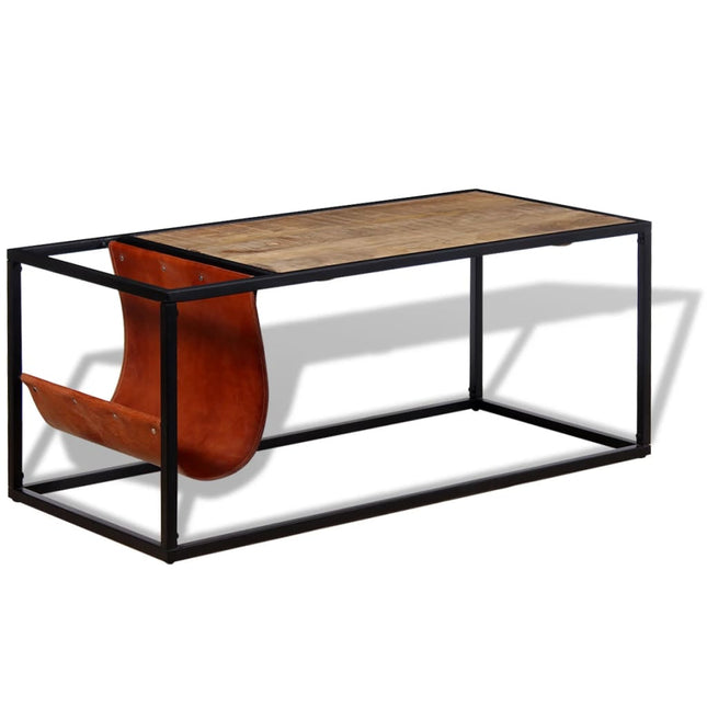 Table Basse Avec Porte-Revues Cuir Véritable 110X50X45 Cm
