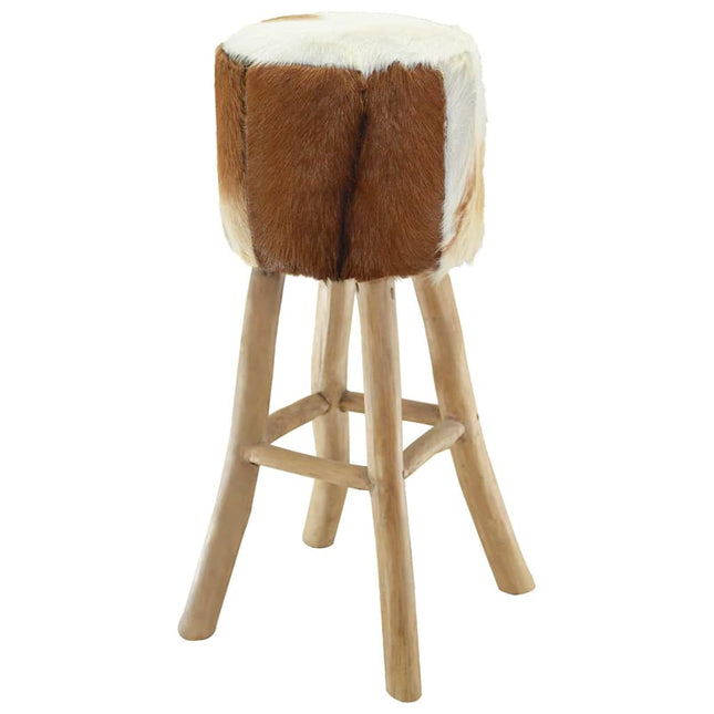 Tabouret De Bar Cuir De Chèvre Et Bois De Teck Solide