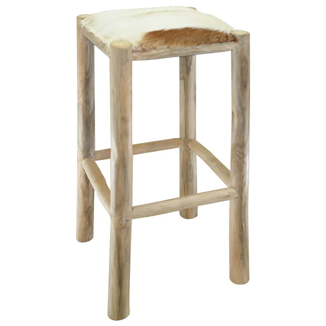 Tabouret De Bar Cuir De Chèvre Et Bois De Teck Solide