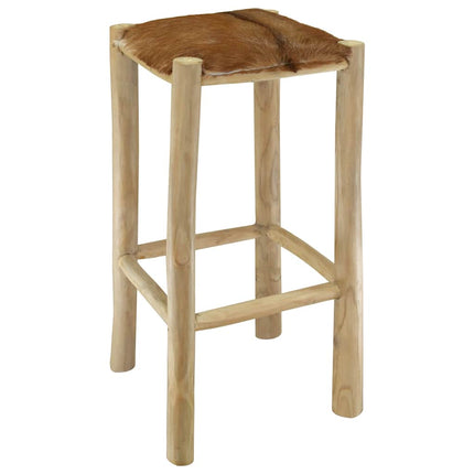Tabouret De Bar Cuir De Chèvre Et Bois De Teck Solide
