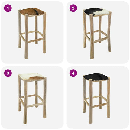Tabouret De Bar Cuir De Chèvre Et Bois De Teck Solide