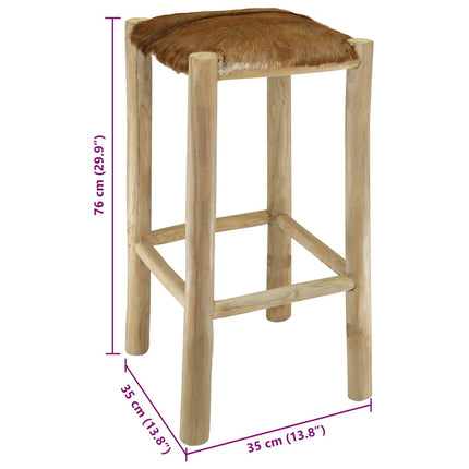 Tabouret De Bar Cuir De Chèvre Et Bois De Teck Solide