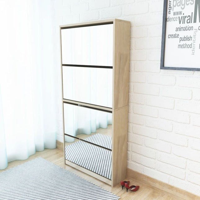 Meuble À Chaussures 4 Étagères Avec Miroir 63X17X134 Cm Chêne