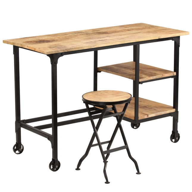 Bureau Avec Tabouret Pliant Bois De Manguier Massif 115X50X76Cm