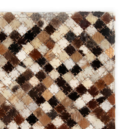 Tapis Cuir Véritable Patchwork Carré Marron/Blanc