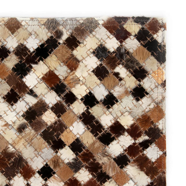 Tapis Cuir Véritable Patchwork Carré Marron/Blanc