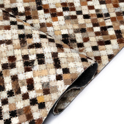 Tapis Cuir Véritable Patchwork Carré Marron/Blanc