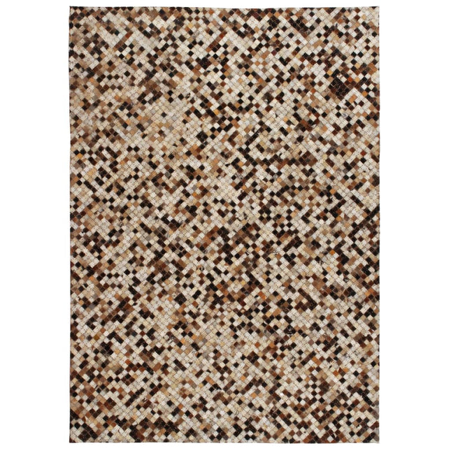 Tapis Cuir Véritable Patchwork Carré Marron/Blanc