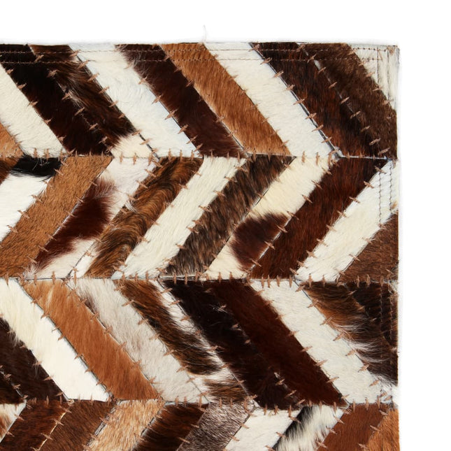 Tapis Cuir Véritable Patchwork Chevron Marron/Blanc