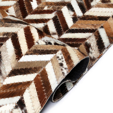 Tapis Cuir Véritable Patchwork Chevron Marron/Blanc