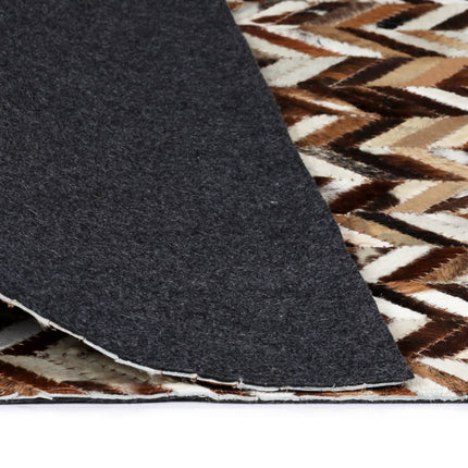 Tapis Cuir Véritable Patchwork Chevron Marron/Blanc