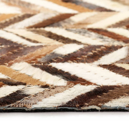 Tapis Cuir Véritable Patchwork Chevron Marron/Blanc
