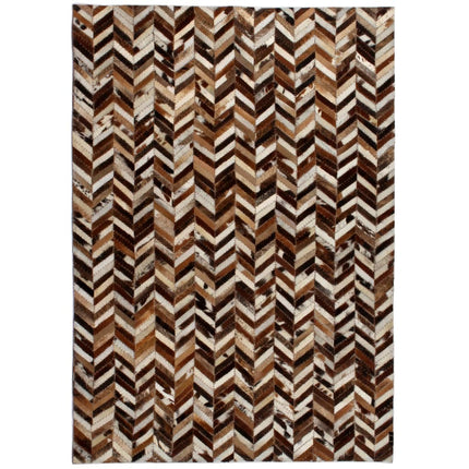 Tapis Cuir Véritable Patchwork Chevron Marron/Blanc