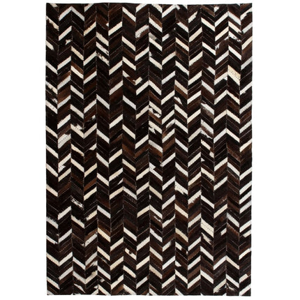 Tapis Cuir Véritable Patchwork Chevron Marron/Blanc