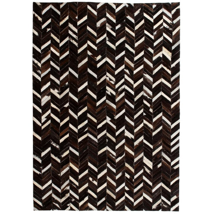 Tapis Cuir Véritable Patchwork Chevron Marron/Blanc