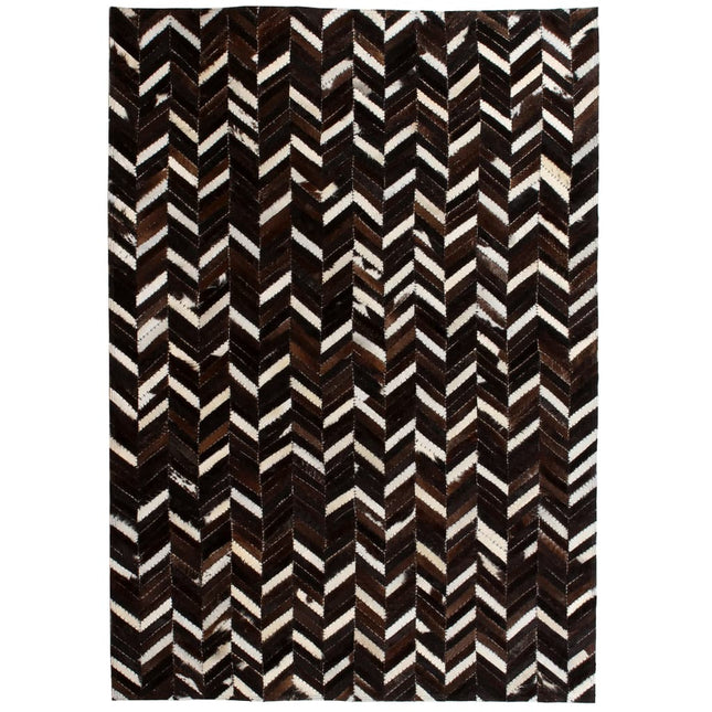 Tapis Cuir Véritable Patchwork Chevron Marron/Blanc