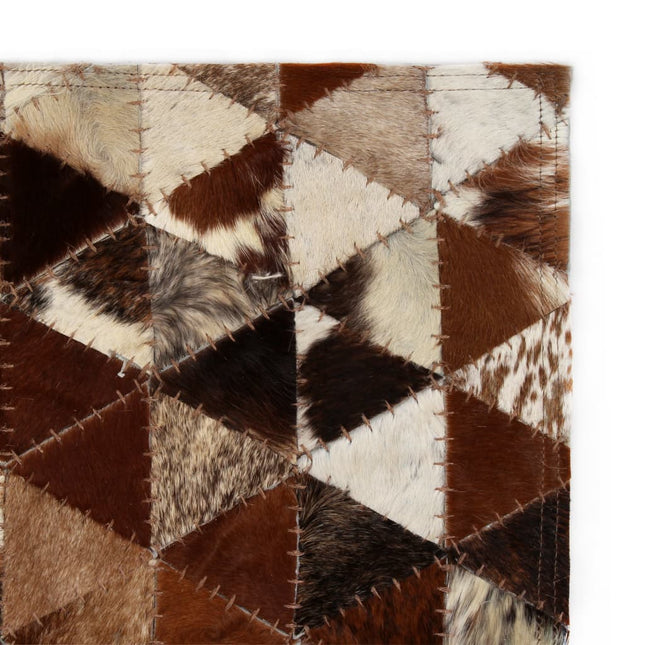 Tapis Cuir Véritable Patchwork 80 X 150Cm Triangle Marron/Blanc