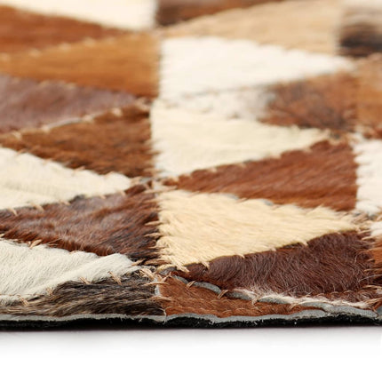 Tapis Cuir Véritable Patchwork 80 X 150Cm Triangle Marron/Blanc
