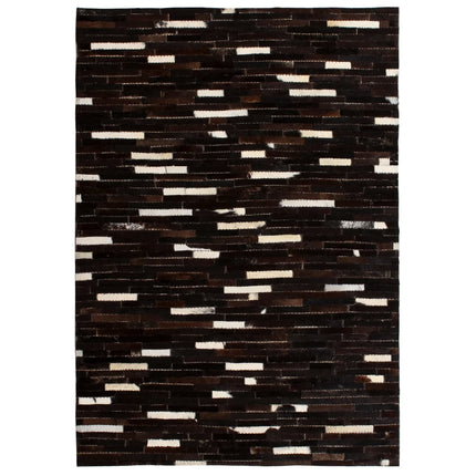 Tapis Cuir Véritable Patchwork Rayures Noir/Blanc
