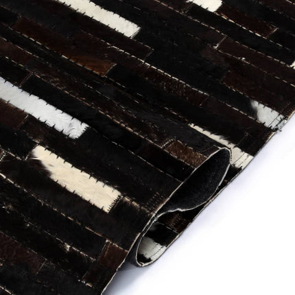 Tapis Cuir Véritable Patchwork Rayures Noir/Blanc