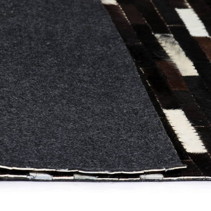 Tapis Cuir Véritable Patchwork Rayures Noir/Blanc
