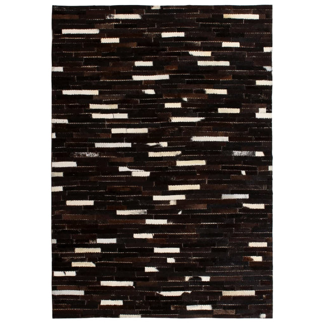 Tapis Cuir Véritable Patchwork Rayures Noir/Blanc