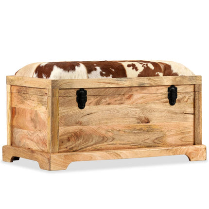 Banc De Rangement Cuir Véritable Bois De Manguier 80X44X44 Cm