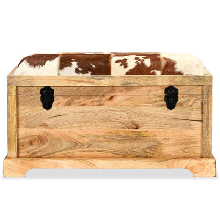 Banc De Rangement Cuir Véritable Bois De Manguier 80X44X44 Cm