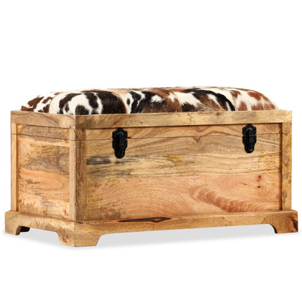 Banc De Rangement Cuir Véritable Bois De Manguier 80X44X44 Cm