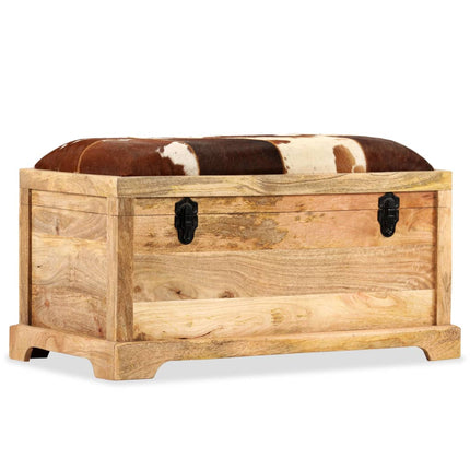 Banc De Rangement Cuir Véritable Bois De Manguier 80X44X44 Cm