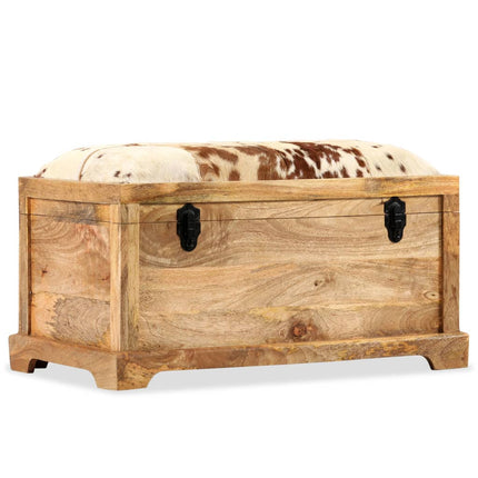 Banc De Rangement Cuir Véritable Bois De Manguier 80X44X44 Cm