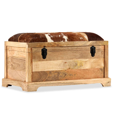 Banc De Rangement Cuir Véritable Bois De Manguier 80X44X44 Cm