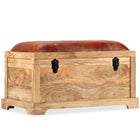 Banc De Rangement Cuir Véritable Bois De Manguier 80X44X44 Cm