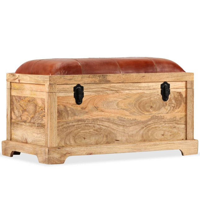 Banc De Rangement Cuir Véritable Bois De Manguier 80X44X44 Cm