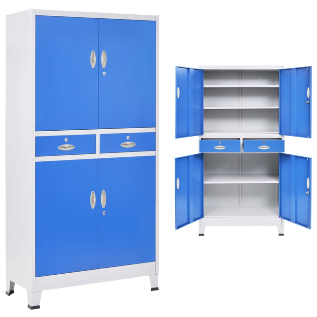 Armoire De Bureau Avec 4 Portes Métal 90X40X180 Cm Gris Et Bleu