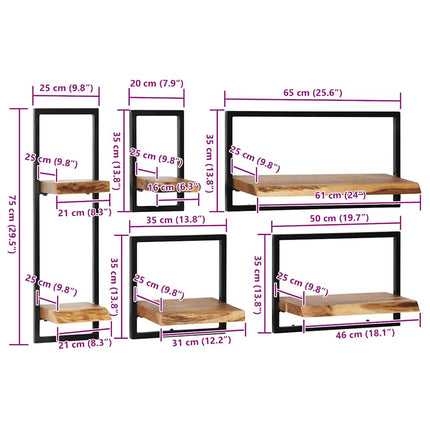 Set D'étagères Murales 5 Pcs Bois D'acacia Massif Et Acier