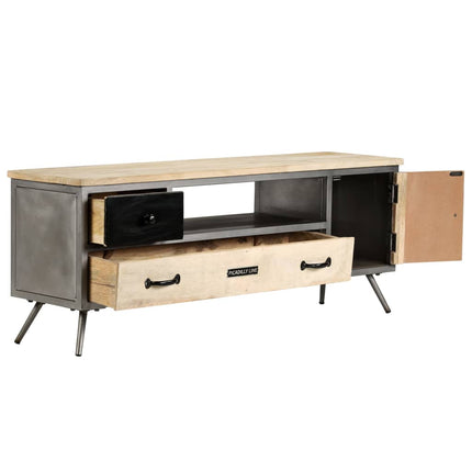 Meuble Tv Bois De Manguier Massif Et Acier 120X30X45 Cm