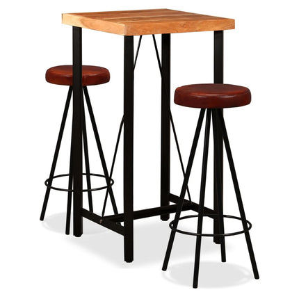 Ensemble De Bar 3 Pcs Bois D'acacia Massif Et Cuir Véritable