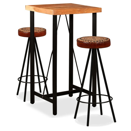 Ensemble De Bar 3 Pcs Bois D'acacia Cuir Véritable Et Toile