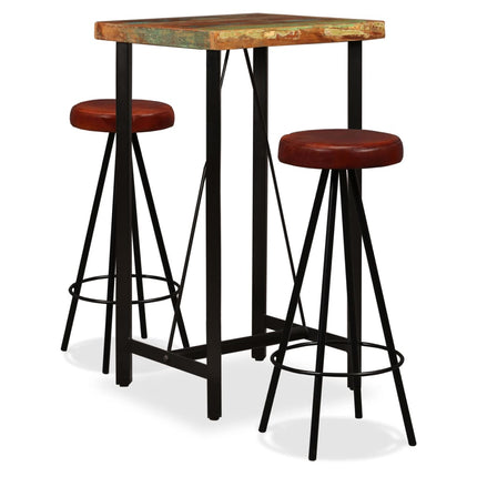 Ensemble De Bar 3 Pcs Bois Massif Recyclé Et Cuir Véritable