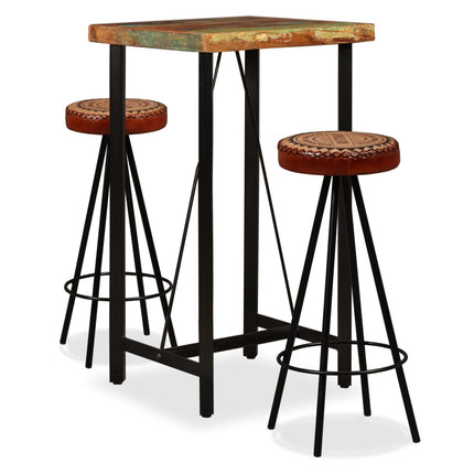 Ensemble De Bar 3 Pcs Bois De Récupération Cuir Véritable Et Toile