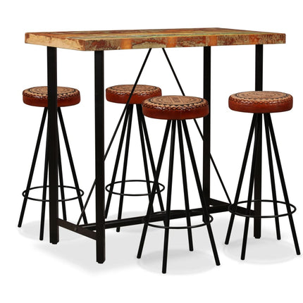 Ensemble De Bar 3 Pcs Bois De Récupération Cuir Véritable Et Toile