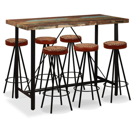 Ensemble De Bar 3 Pcs Bois De Récupération Cuir Véritable Et Toile