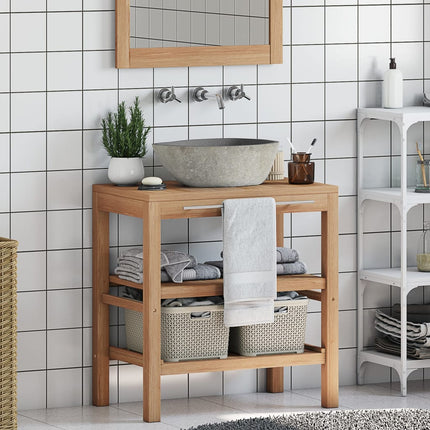 Armoire De Toilette Teck Solide Et Lavabo En Pierre De Rivière