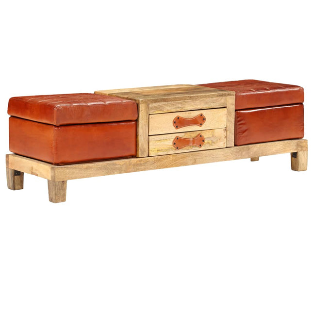 Banc De Rangement Bois De Manguier Cuir Véritable 120X36X36 Cm