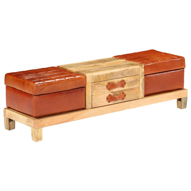 Banc De Rangement Bois De Manguier Cuir Véritable 120X36X36 Cm